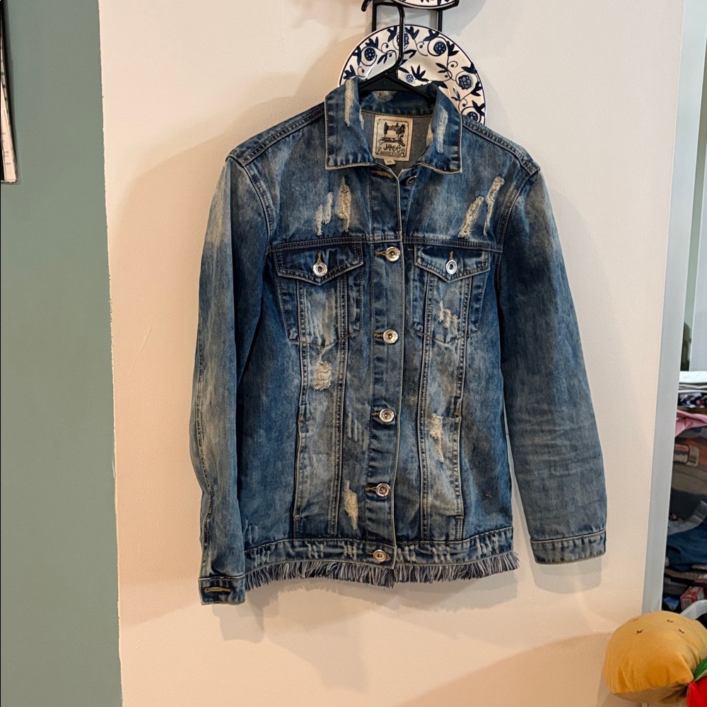 Jaase MATILDA Distressed Denim Lace Panel Sequin Fringe Jean Jacket -XS